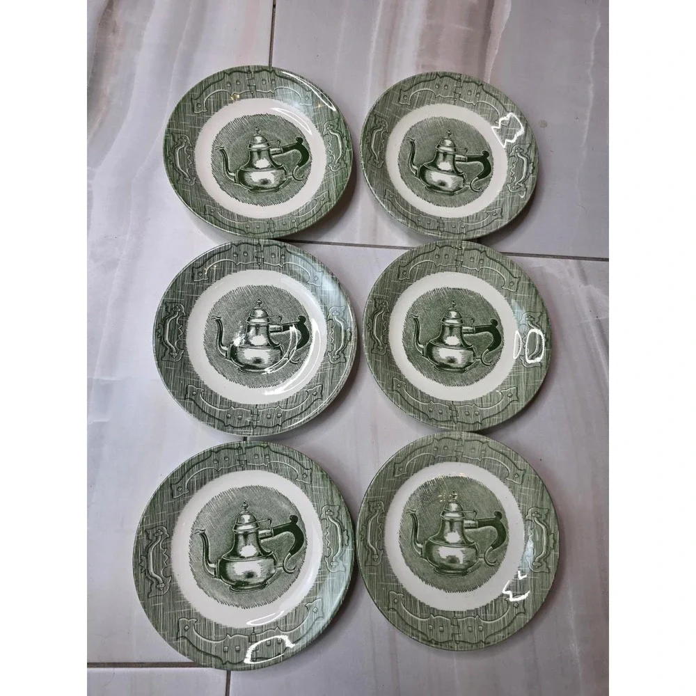 Vintage Green Transferware Teapot Bread and Butter Plates‎ Set of 6 6.25 Inch A2
